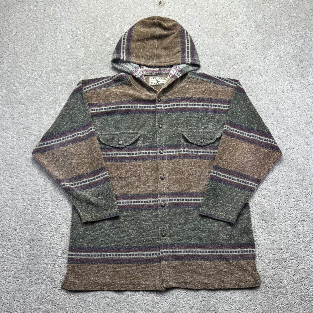 VINTAGE Bugle Boy Wetlands Hoodie Mens XL Earth Tone Striped Surf Grunge Gorp